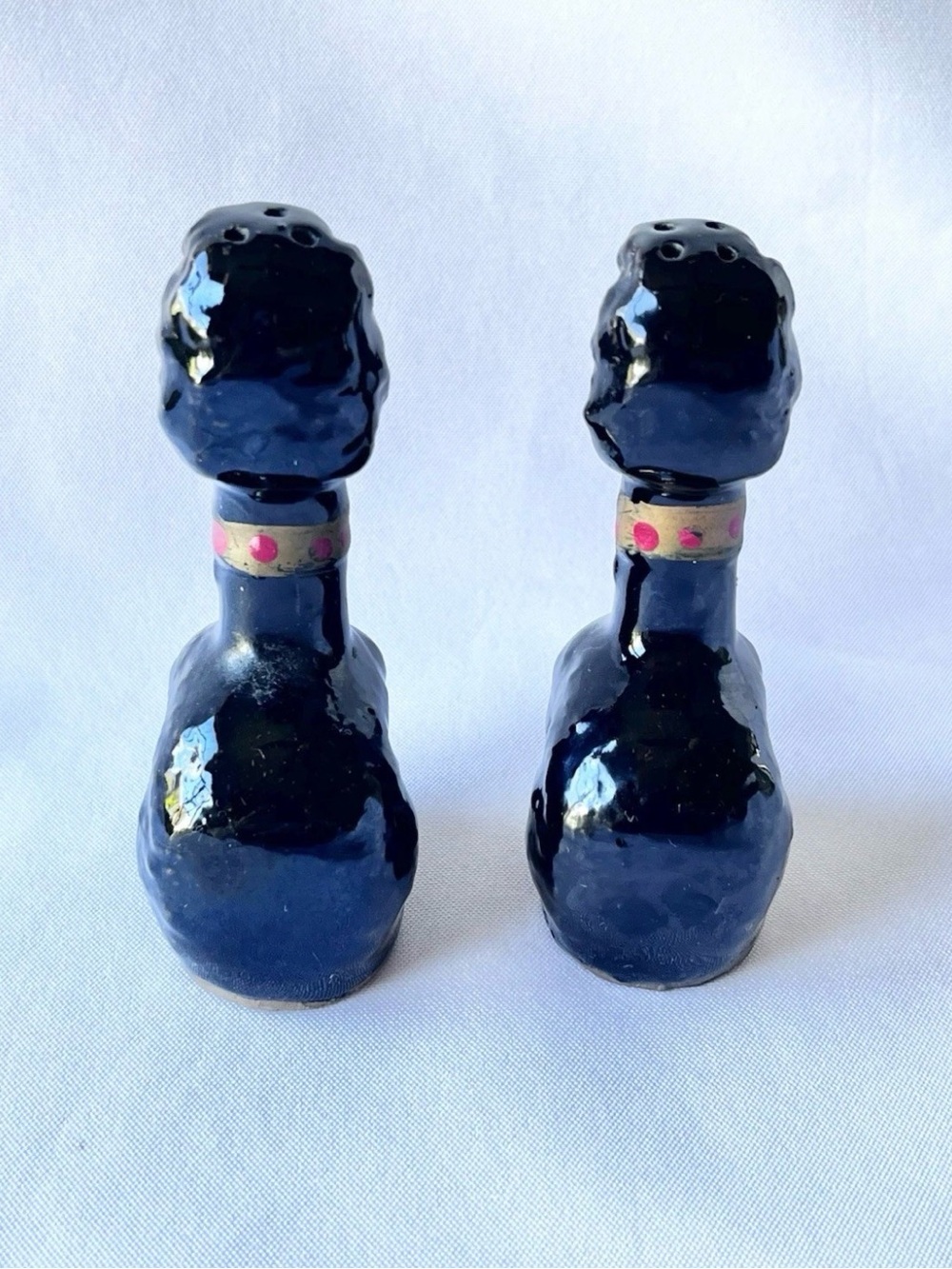 Vintage Black Redware Long Neck French Poodles Dogs Salt & Pepper Shakers Japan - Picture 3 of 6